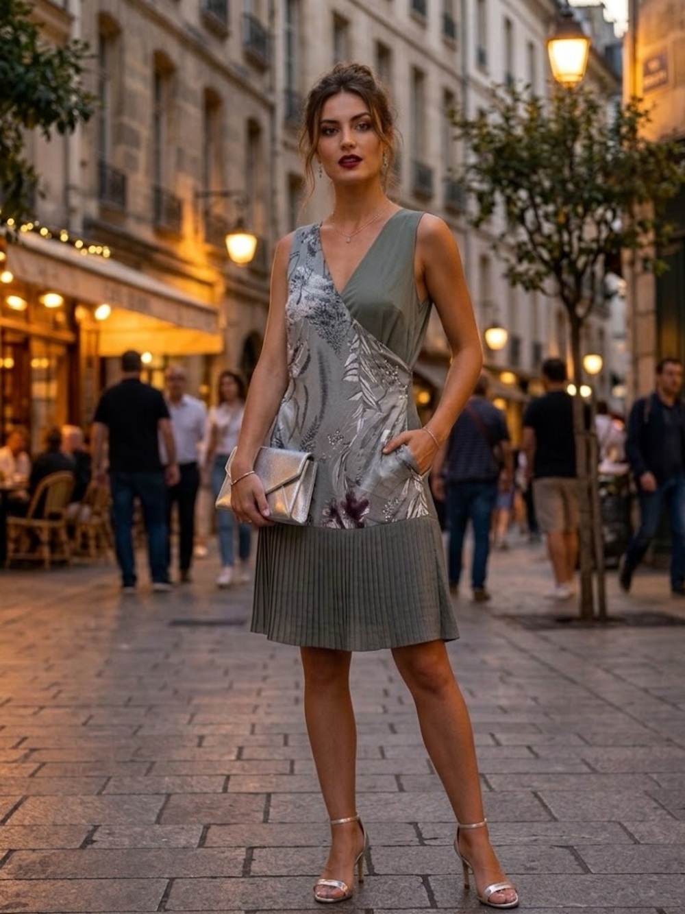 Sleeveless One-Shoulder Gray Floral Pleated-Hem Dress